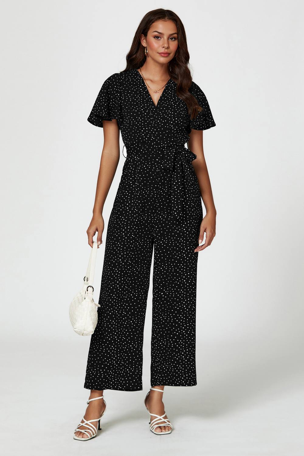 Fs Collection Dot Print Wrap Top Jumpsuit In Black