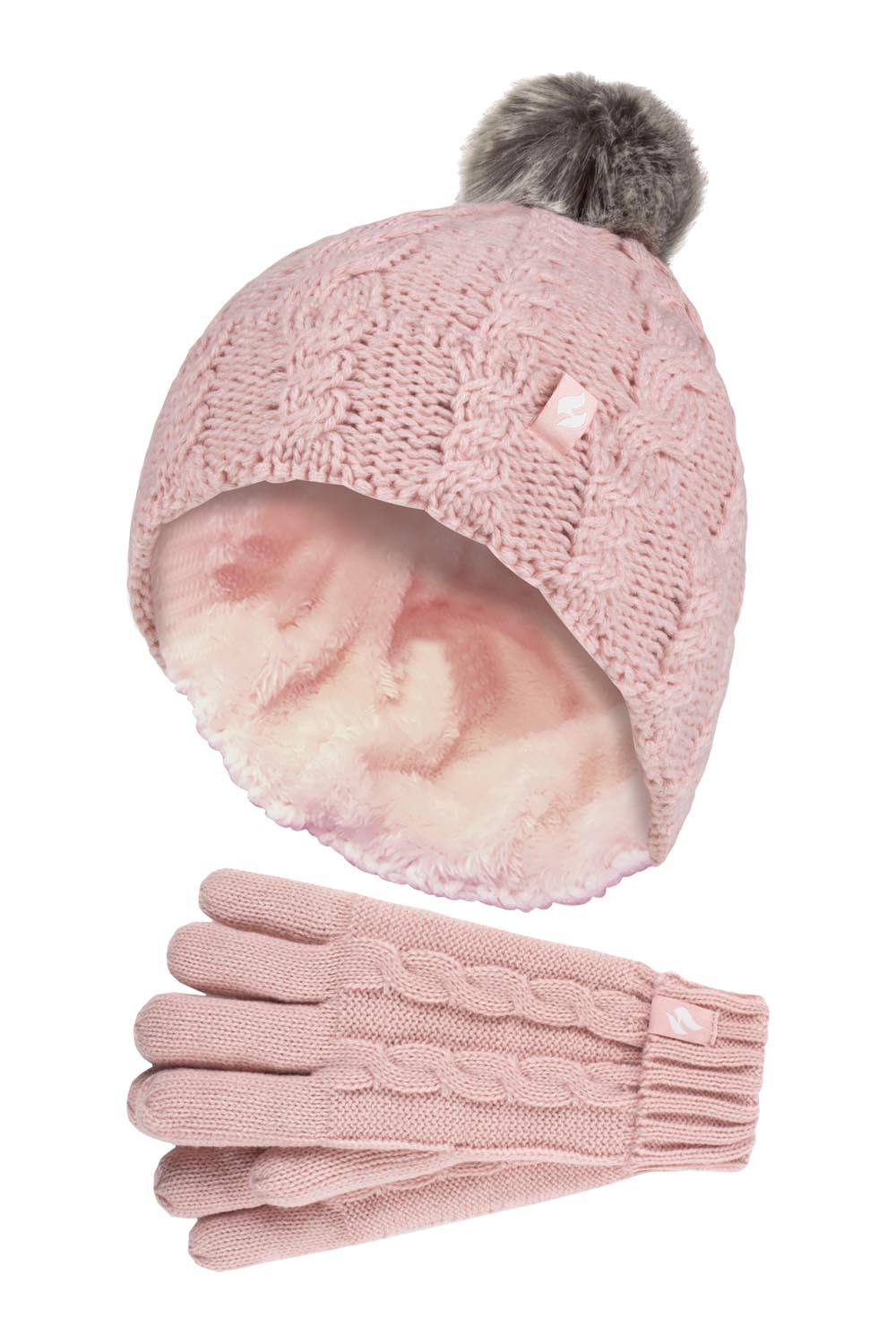 Heat Holders Cable Knit Bobble Pom Pom Thermal Hat & Gloves Set In Pink