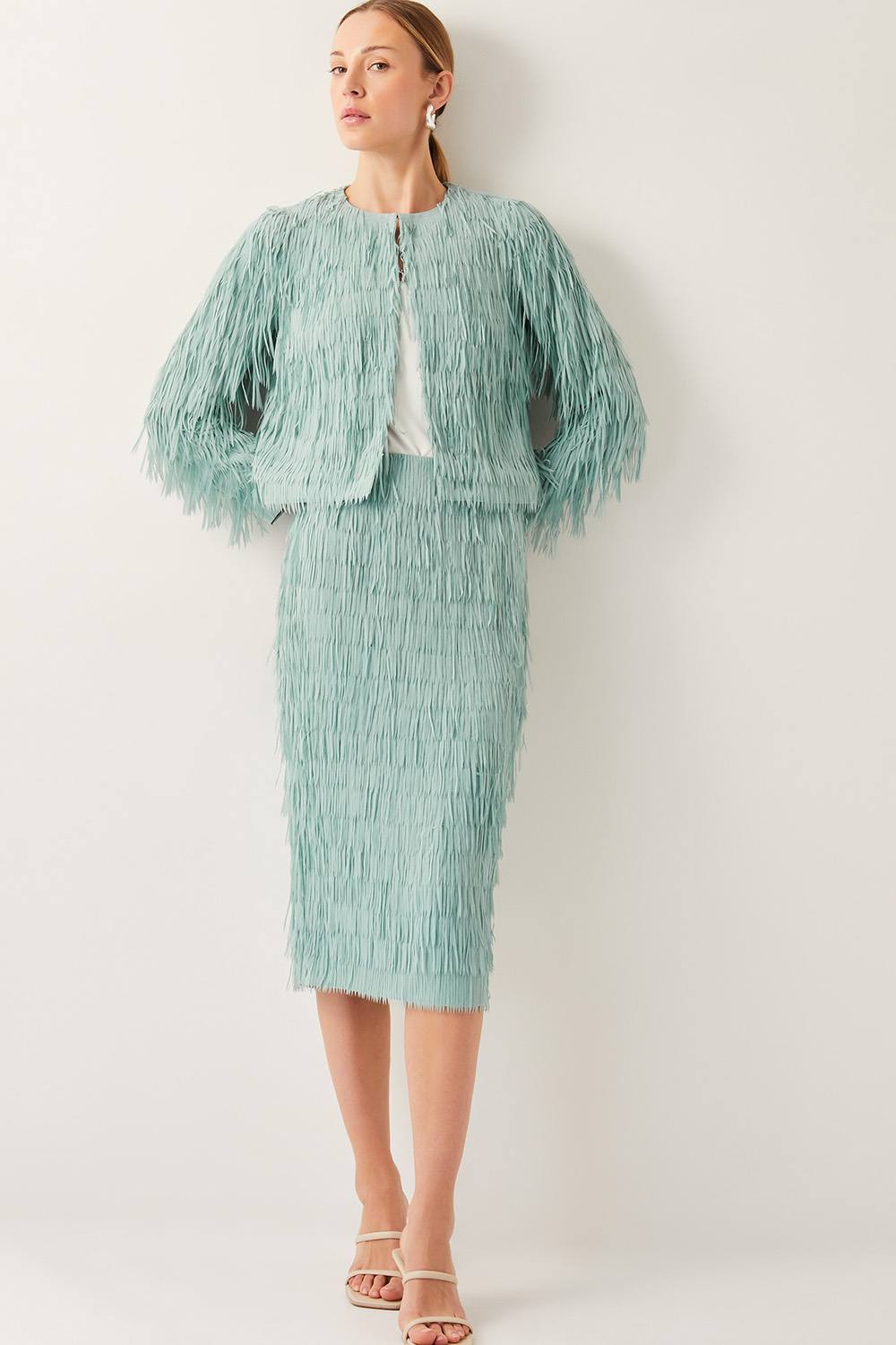 Monsoon Cosima Fringe Pencil Skirt Green