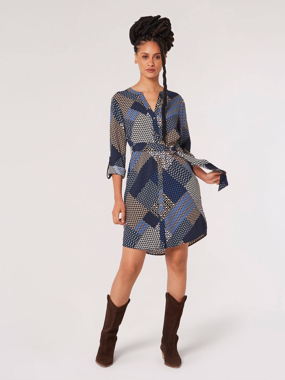 Apricot Geo Patchwork Shirt Mini Dress In Navy