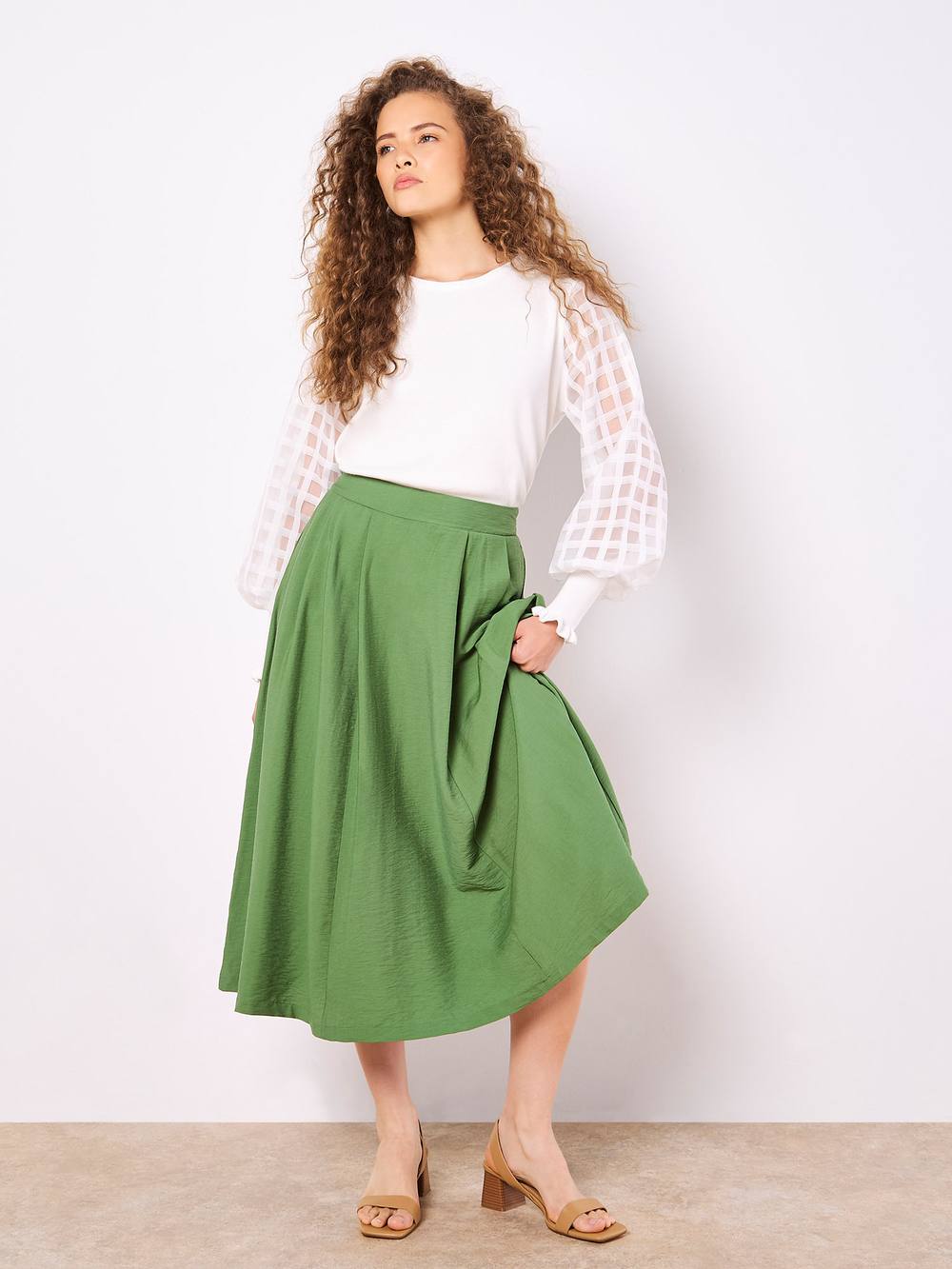 Apricot Pleated A-Line Midi Skirt In Green