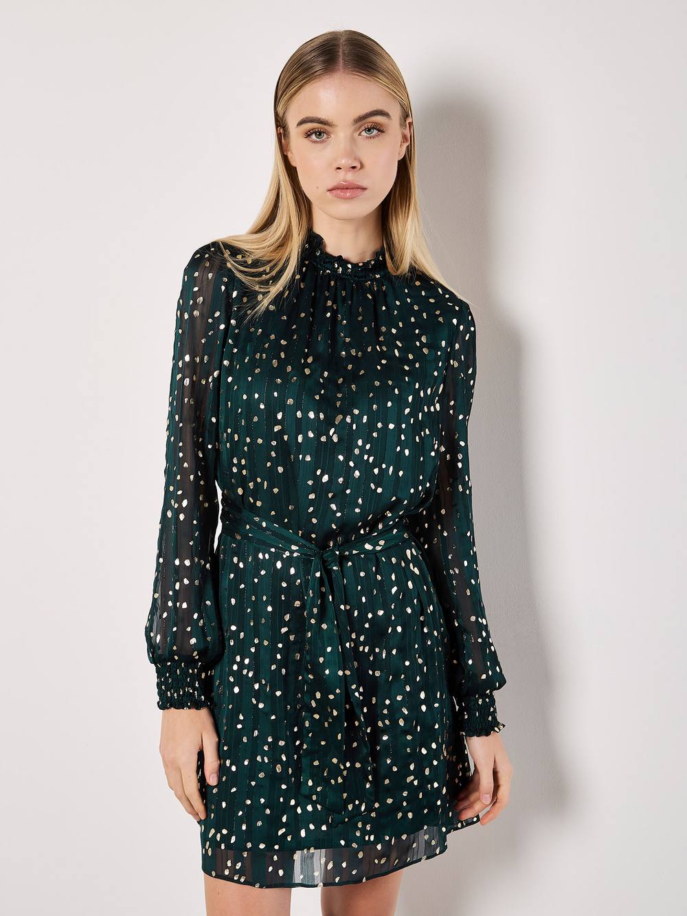 Apricot Gold Foil Spot Self-Stripe Mini Dress In Green
