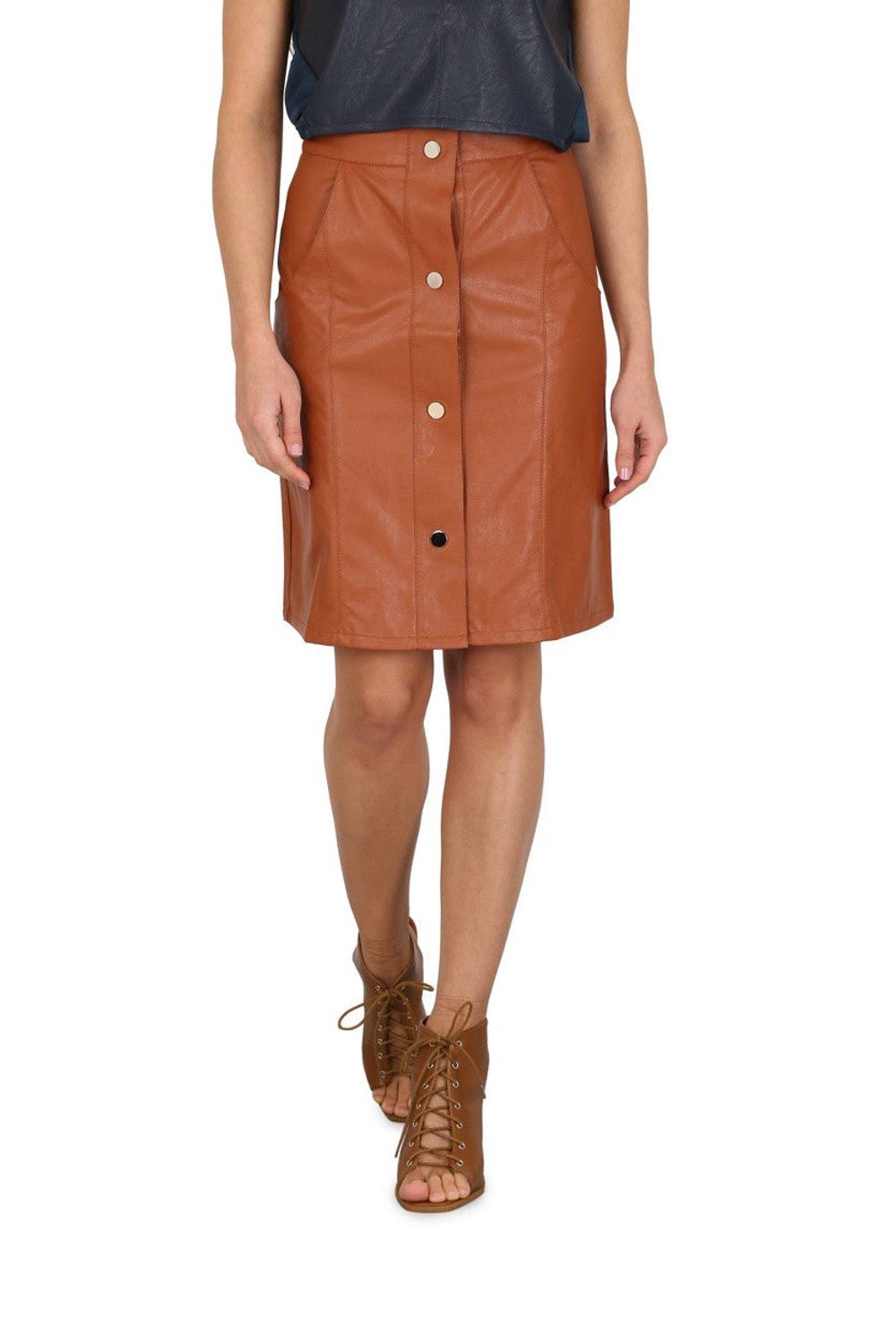 Cutie London Pencil Skirt With Front Silver Poppers In Tan