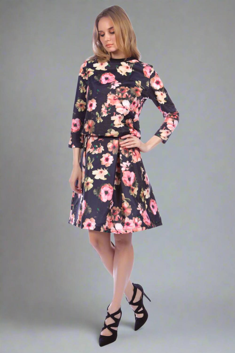 Cutie London Floral Print Pleated Knee Length Skirt In Black