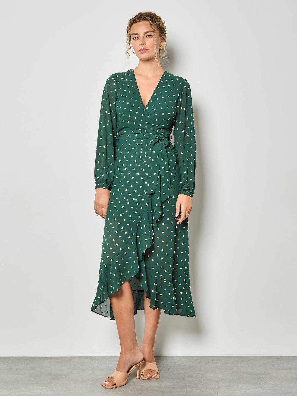 Apricot Gold Foil Polka Dot Chiffon Wrap Dress In Green
