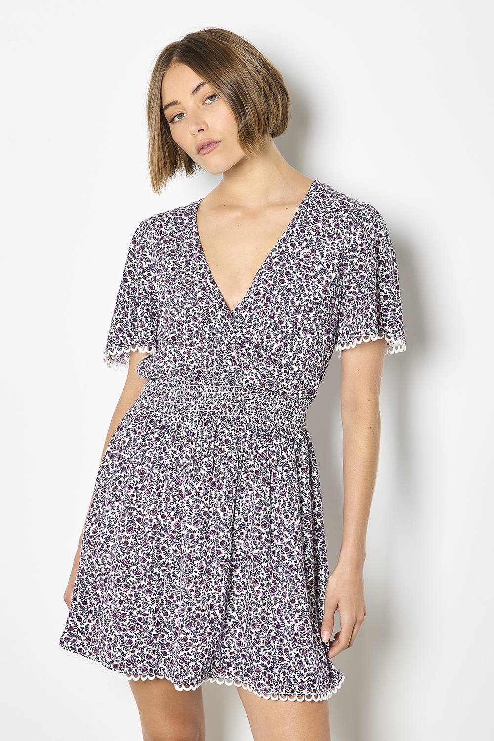 Apricot Ditsy Floral Gold Foil Mini Dress In Purple