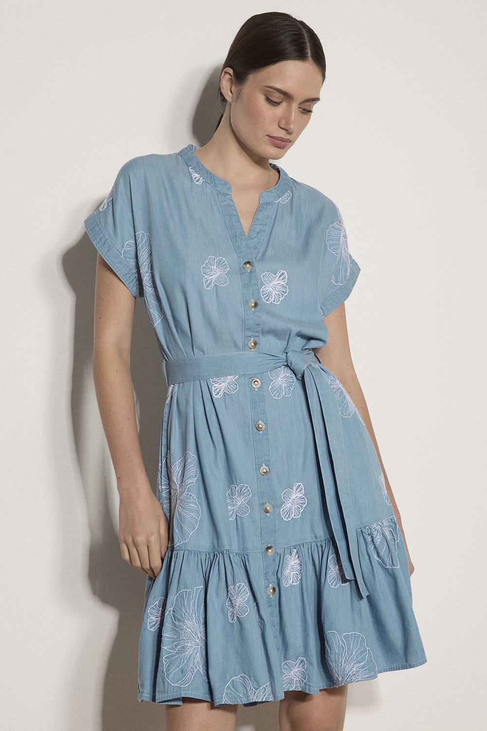Apricot Cotton Blend Crochet Floral Denim Mini Dress In Blue