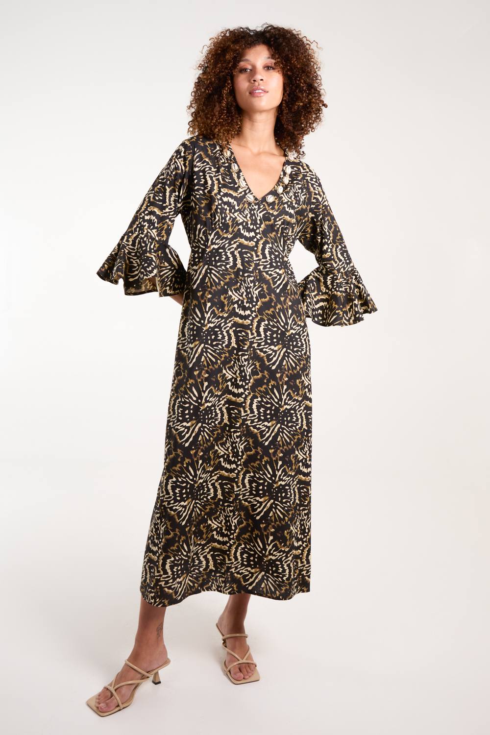 Blue Vanilla V Neck Shell Midi Dress In Light Brown