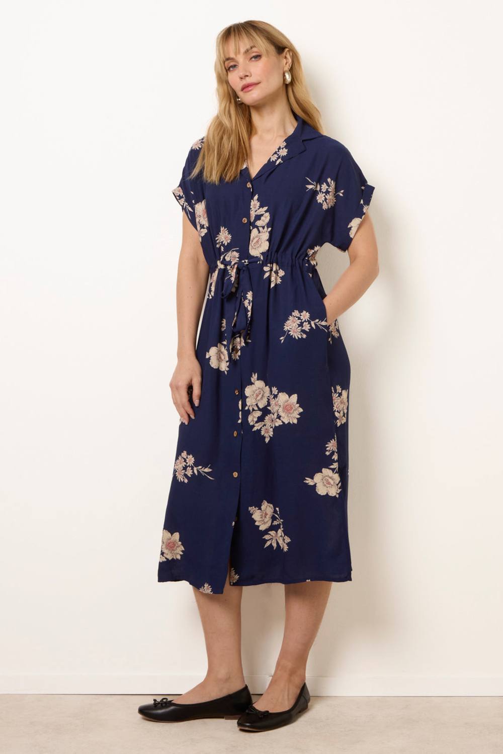 Blue Vanilla Navy Drawstring Midi Shirt Dress