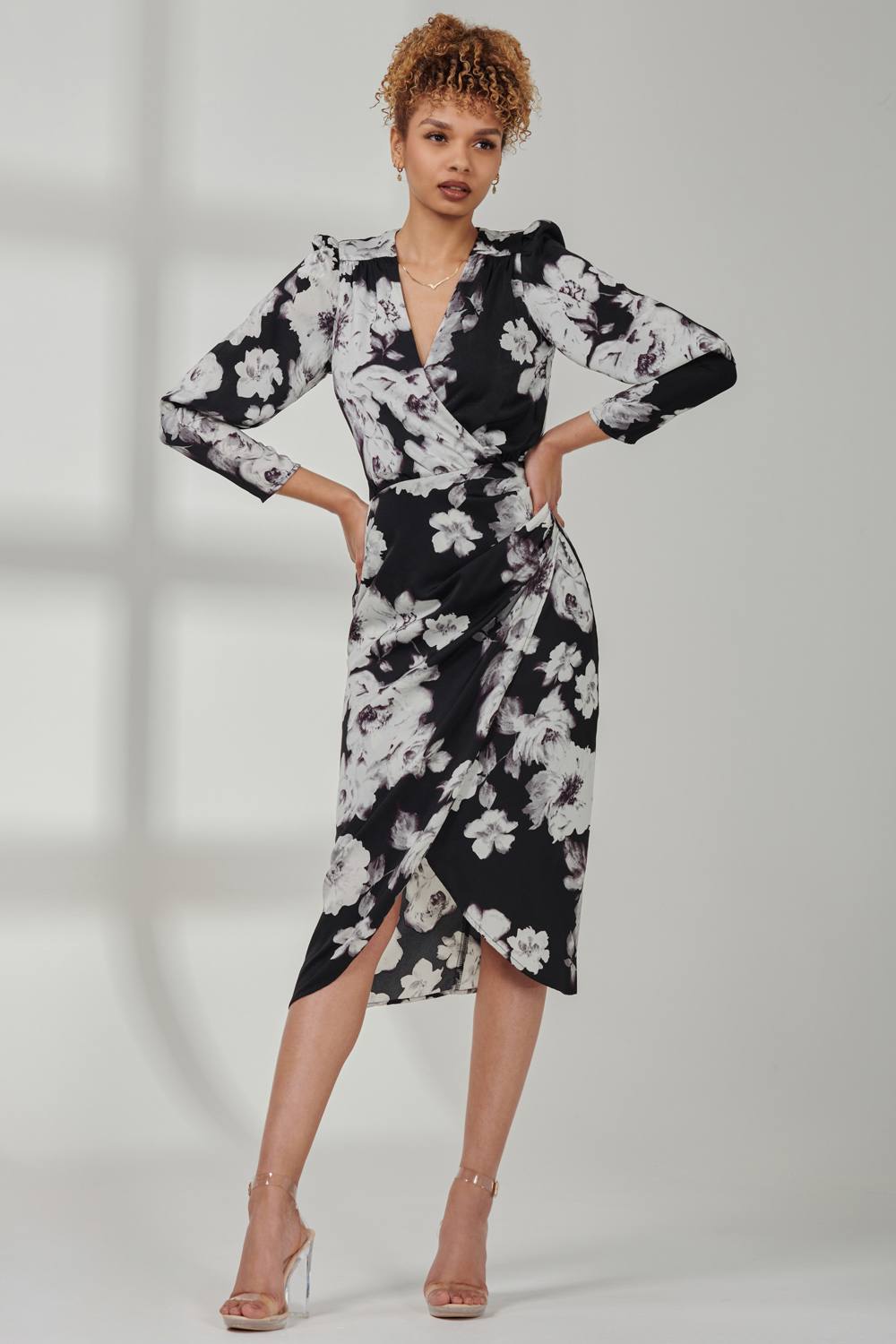 Jolie Moi Print Satin Wrap Bodycon Dress In Black