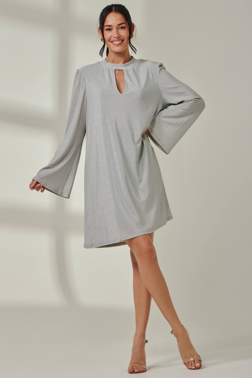 Jolie Moi Metallic Keyhole Detail Tunic Dress In Silver