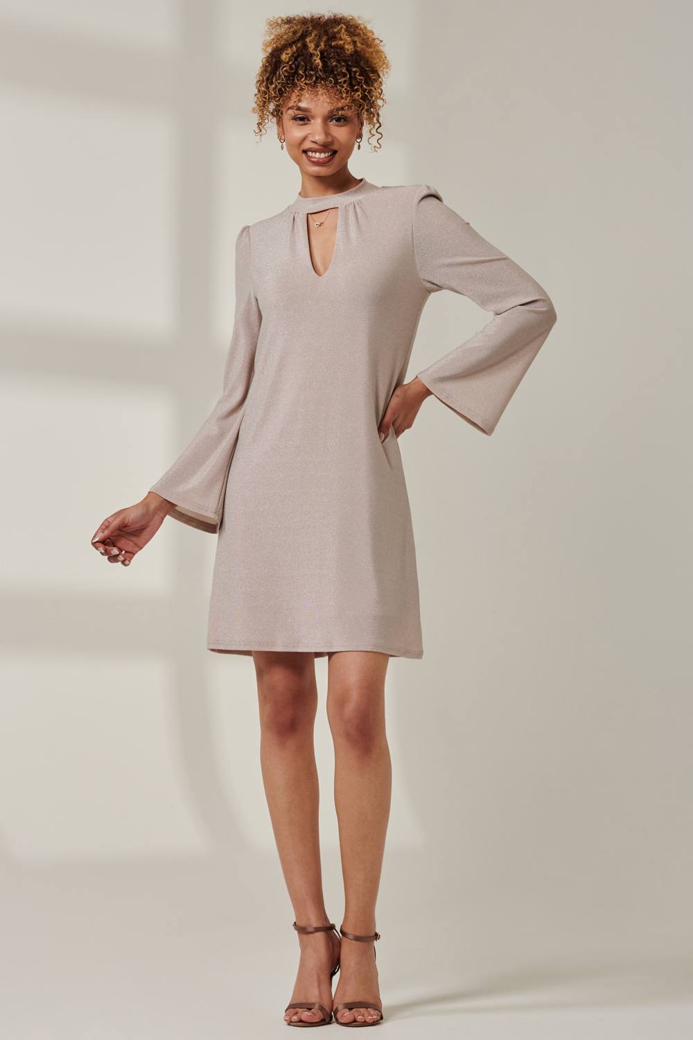 Jolie Moi Metallic Keyhole Detail Tunic Dress In Rose Gold