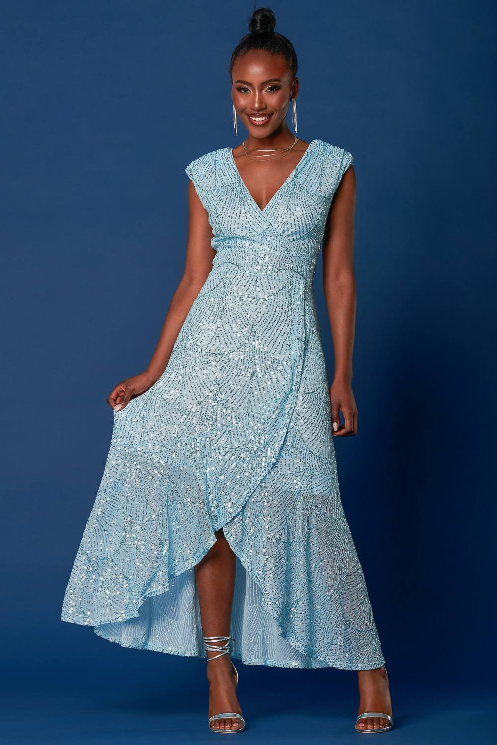 Jolie Moi Sequin High Low Hem Maxi Dress In Light Blue
