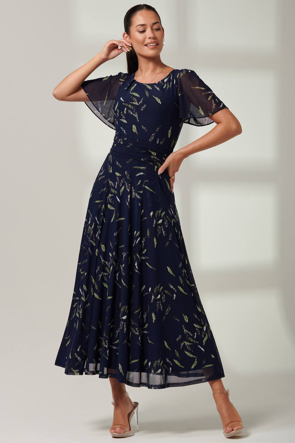 Jolie Moi Elvira Print Mesh Maxi Dress In Dark Navy