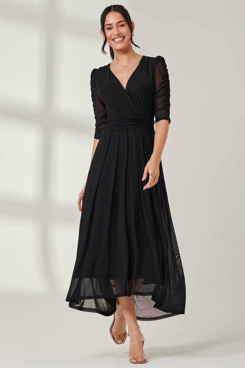 Jolie Moi Aneissa Ruched Sleeve Mesh Maxi Dress In Black