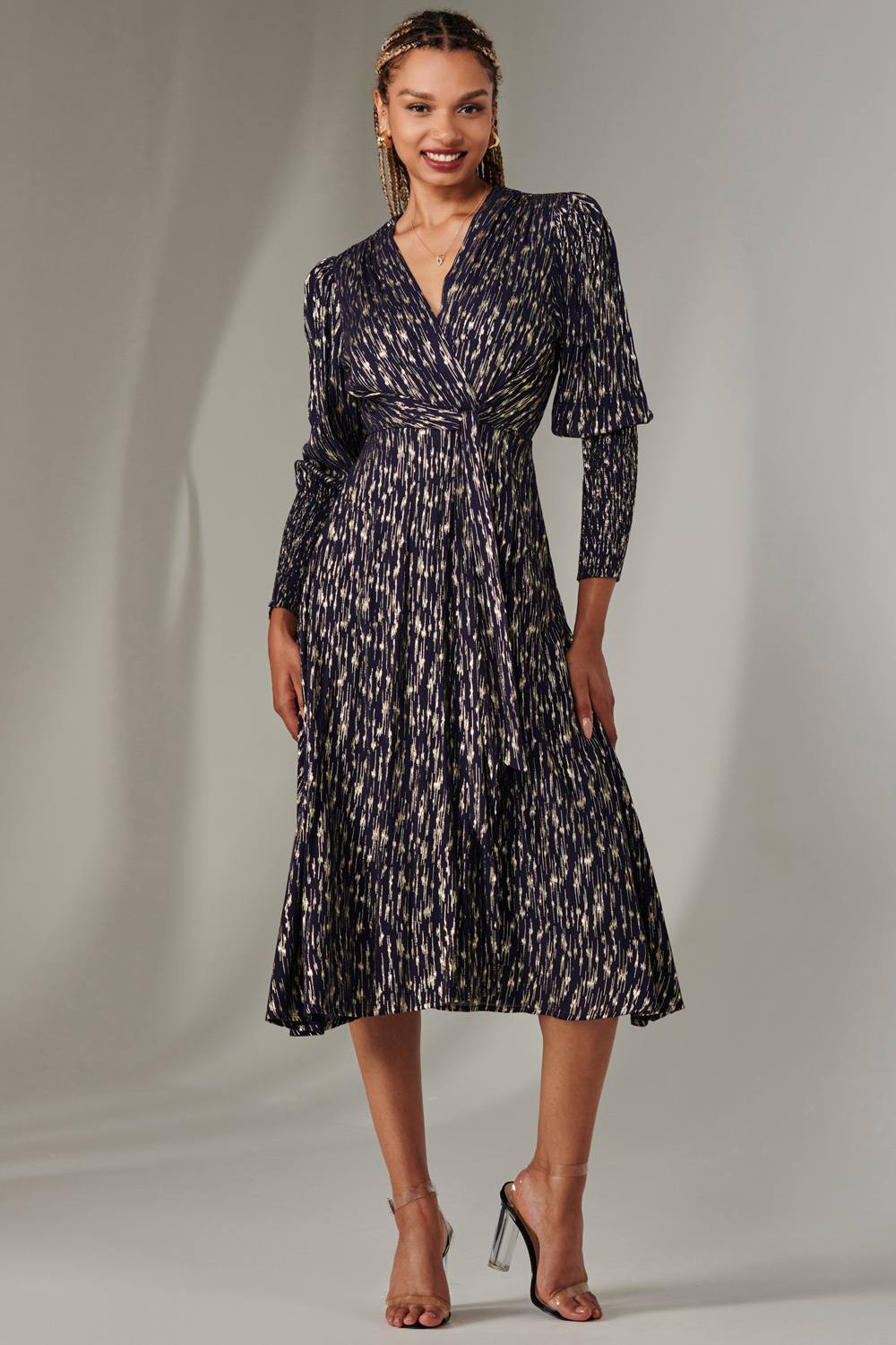 Jolie Moi Layla Long Sleeve Metallic Wrap Dress In Navy