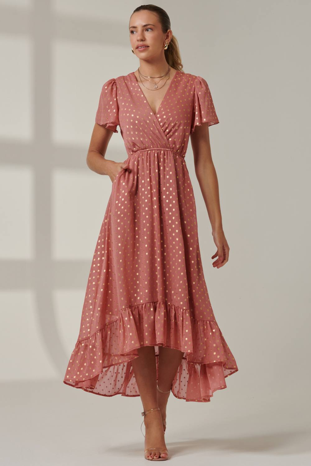 Jolie Moi Metallic Effect Angel Sleeve Maxi Dress In Coral