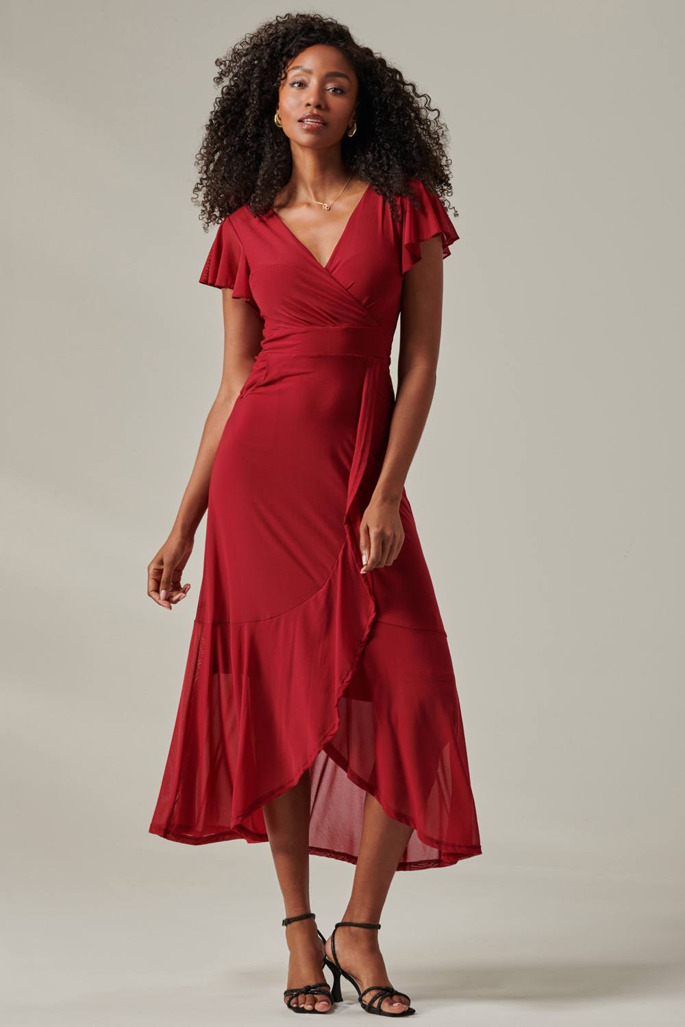 Jolie Moi Plain Wrap Mesh Maxi Dress In Burgundy