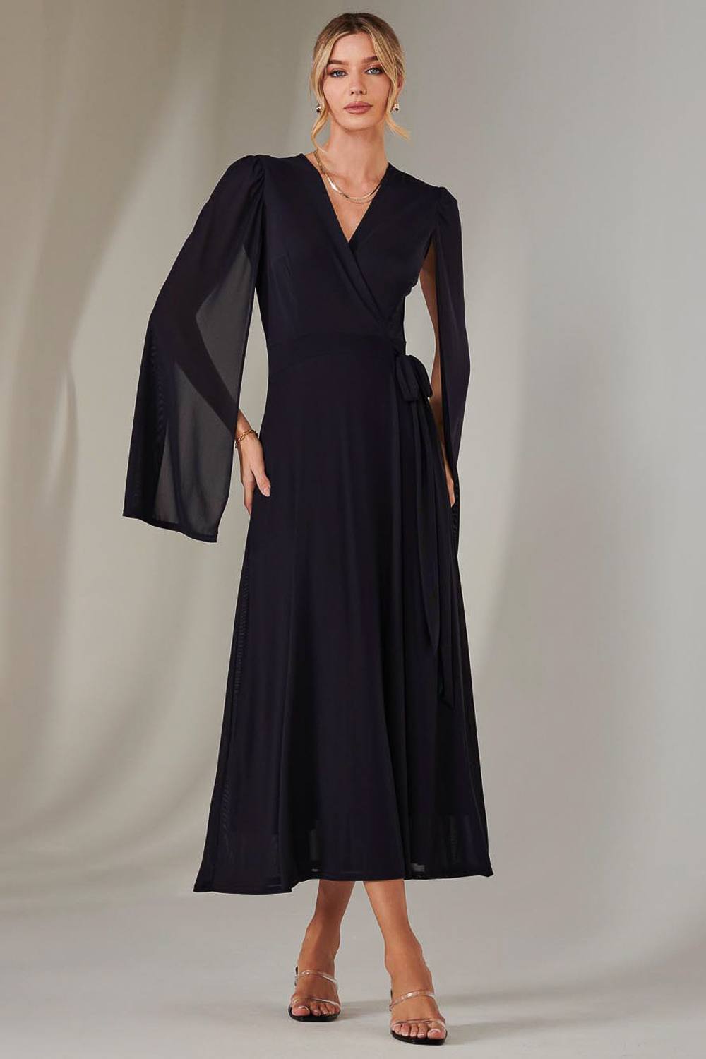Jolie Moi Amira Cape Sleeve Wrapped Maxi Dress In Navy