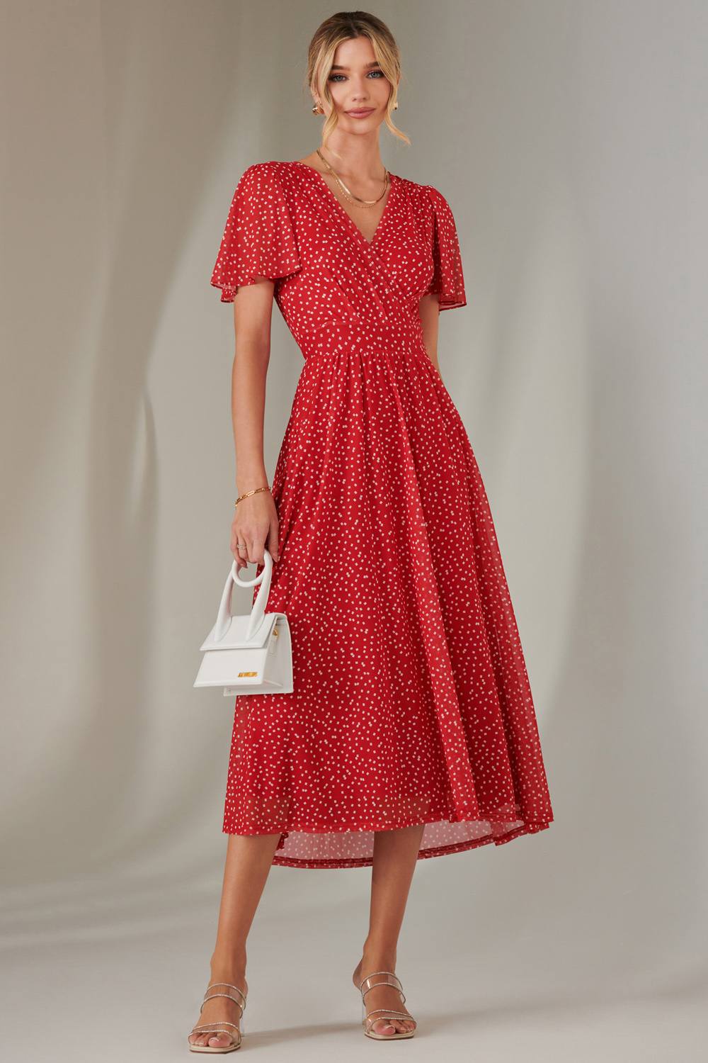 Jolie Moi Angel Sleeve Wrap Bodice Mesh Maxi Dress In Red