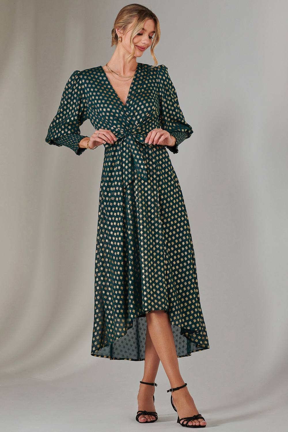 Jolie Moi Metallic Spot Print Puffy Sleeve Maxi Dress In Dark Green