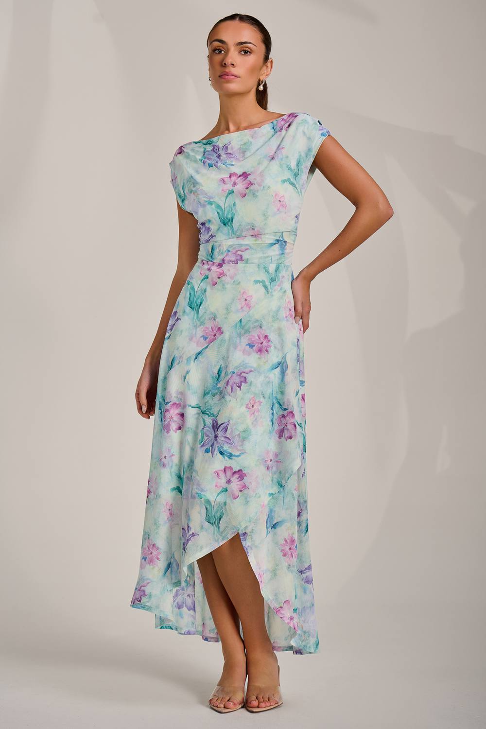 Jolie Moi Asymmetric Draped Mesh Maxi Dress
