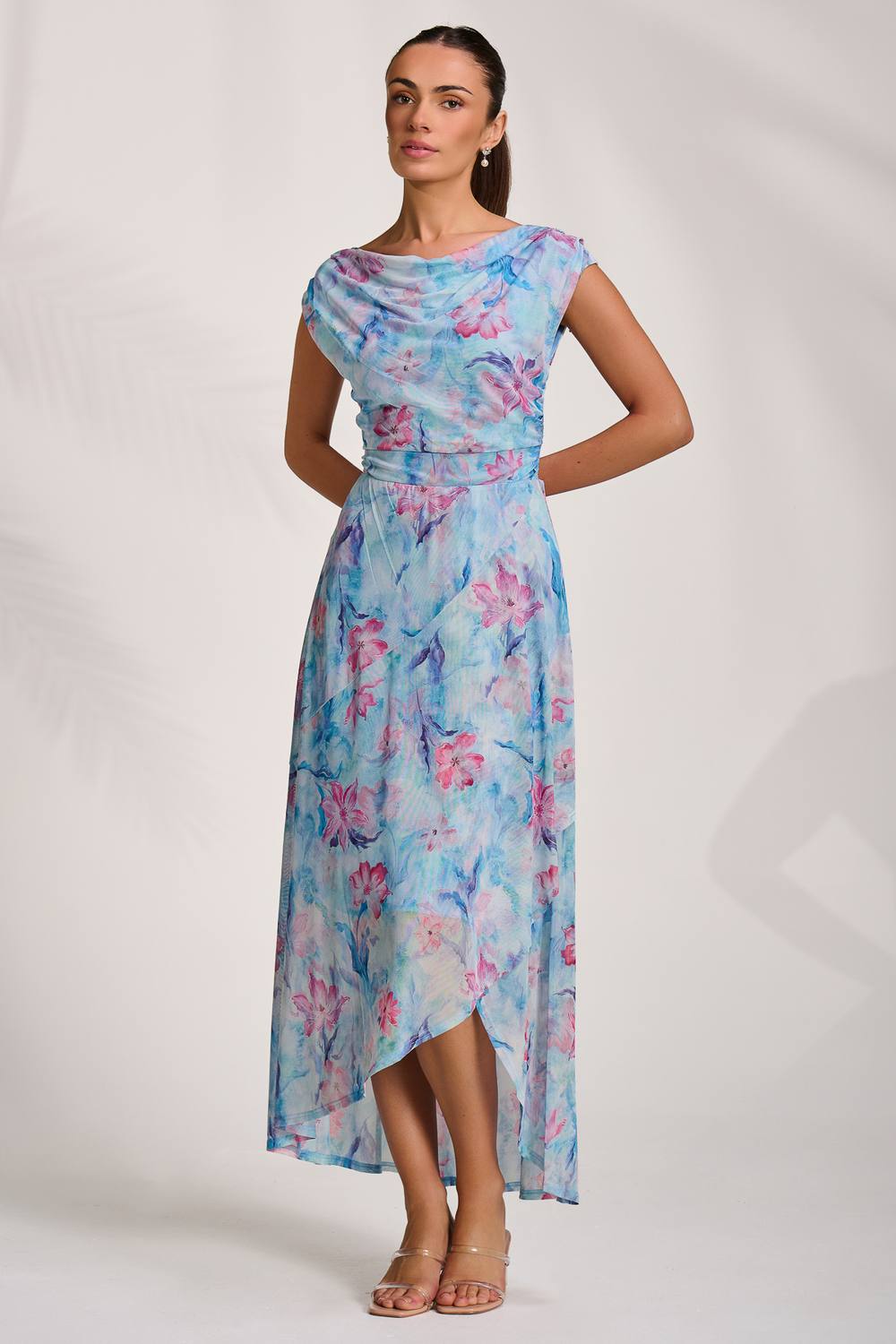Jolie Moi Asymmetric Draped Mesh Maxi Dress In Blue