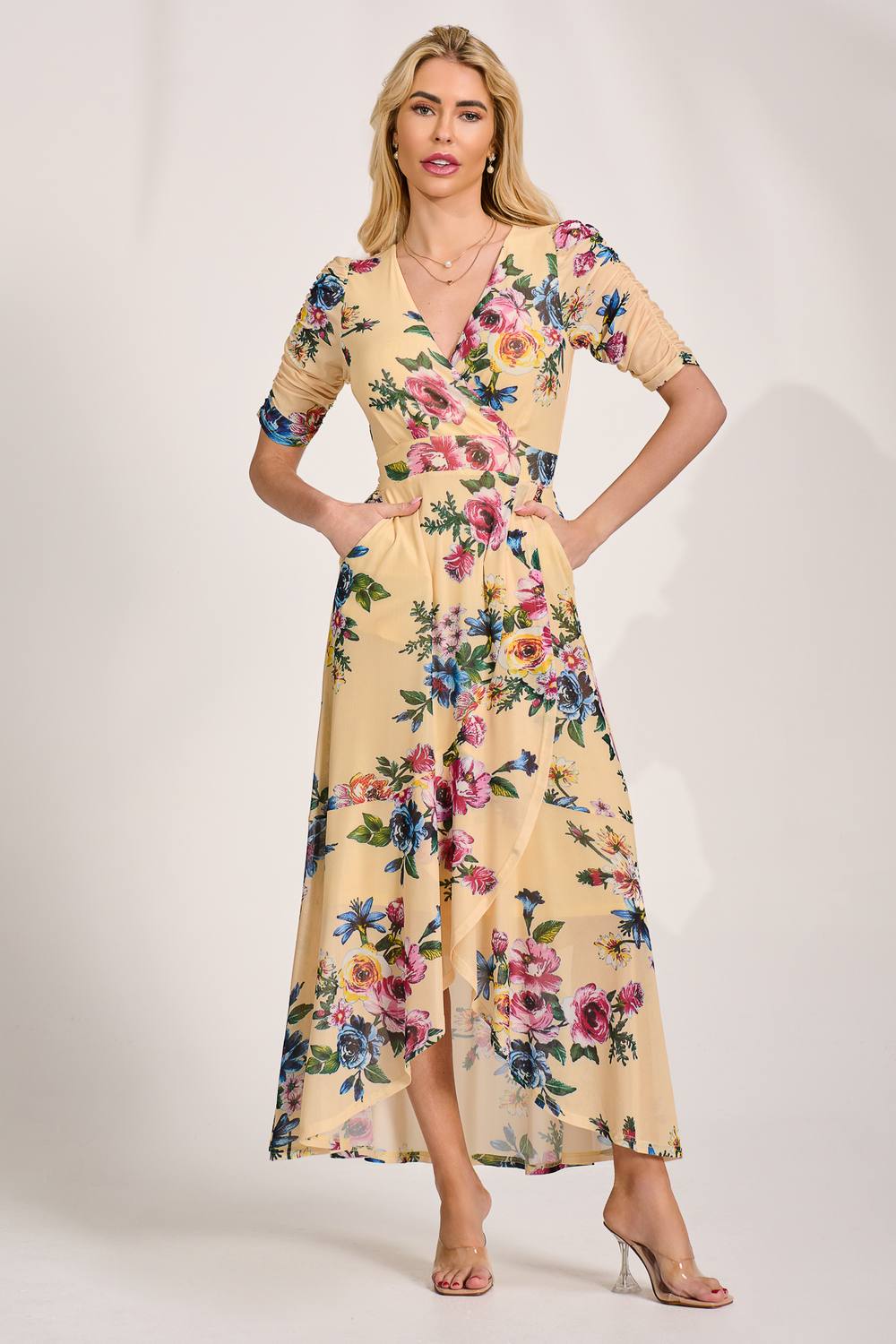 Jolie Moi Ruched Sleeve Mesh Maxi Dress In Yellow