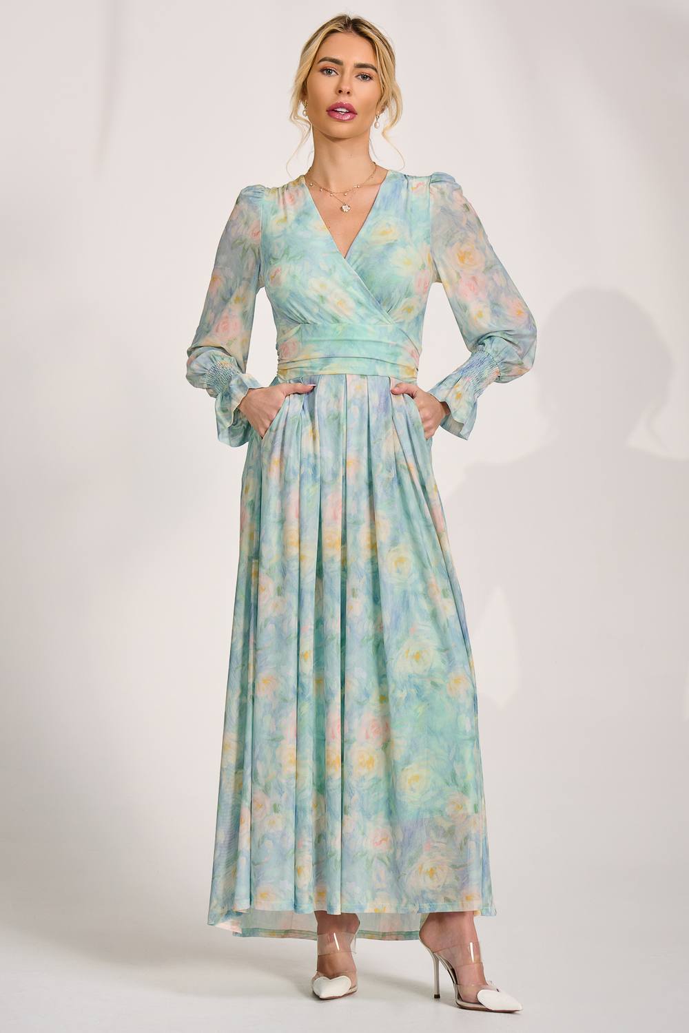 Jolie Moi Long Sleeve V Neck Mesh Maxi Dress In Light Green