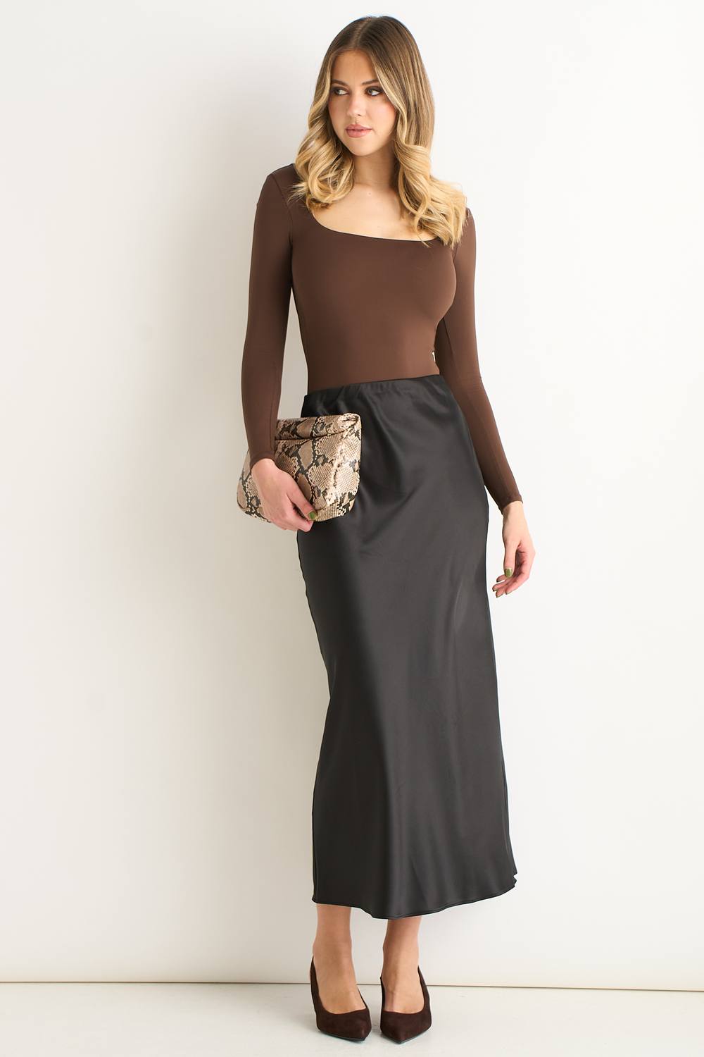 Gini London Black Satin Bias Cut Midi Skirt