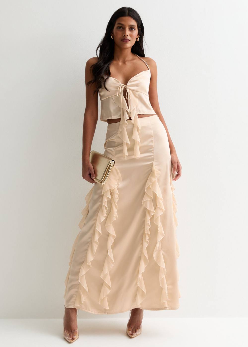 Gini London Champagne Satin Ruffle Maxi Skirt In Cream