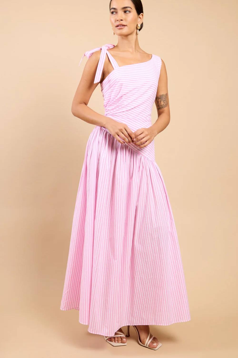 Little Mistress Pink Stripe Asymmetric Midaxi Dress