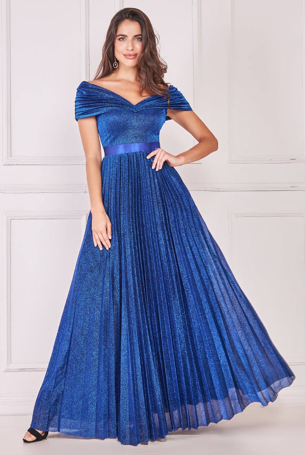 Goddiva Bardot Pleated Skirt Maxi In Cobalt