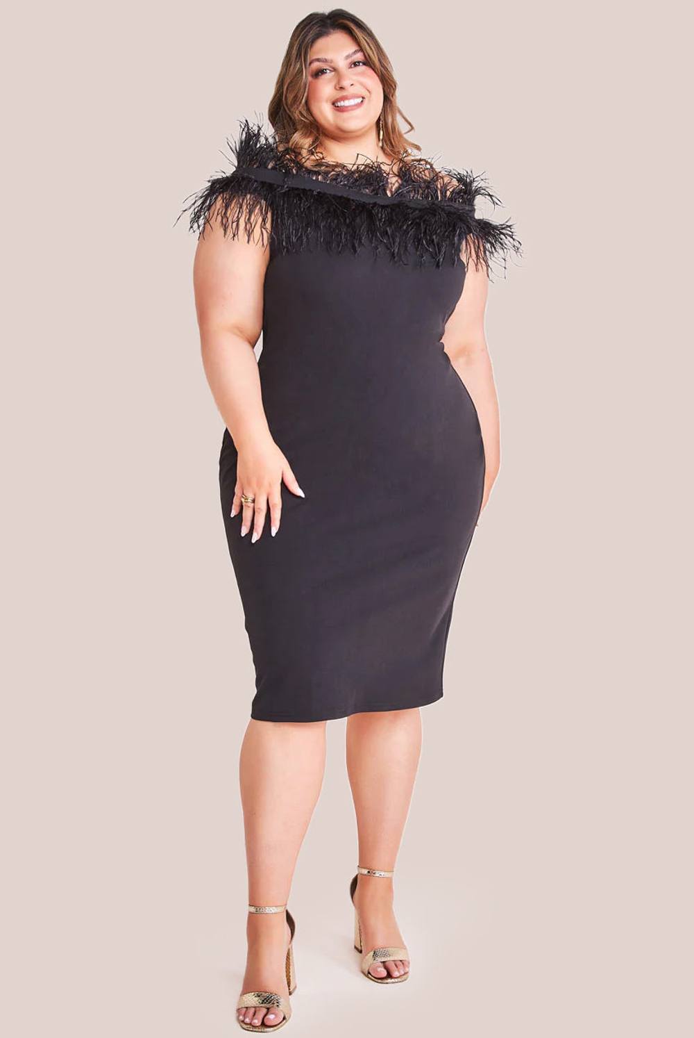 Goddiva Off The Shoulder Feather Midi Dress In Black