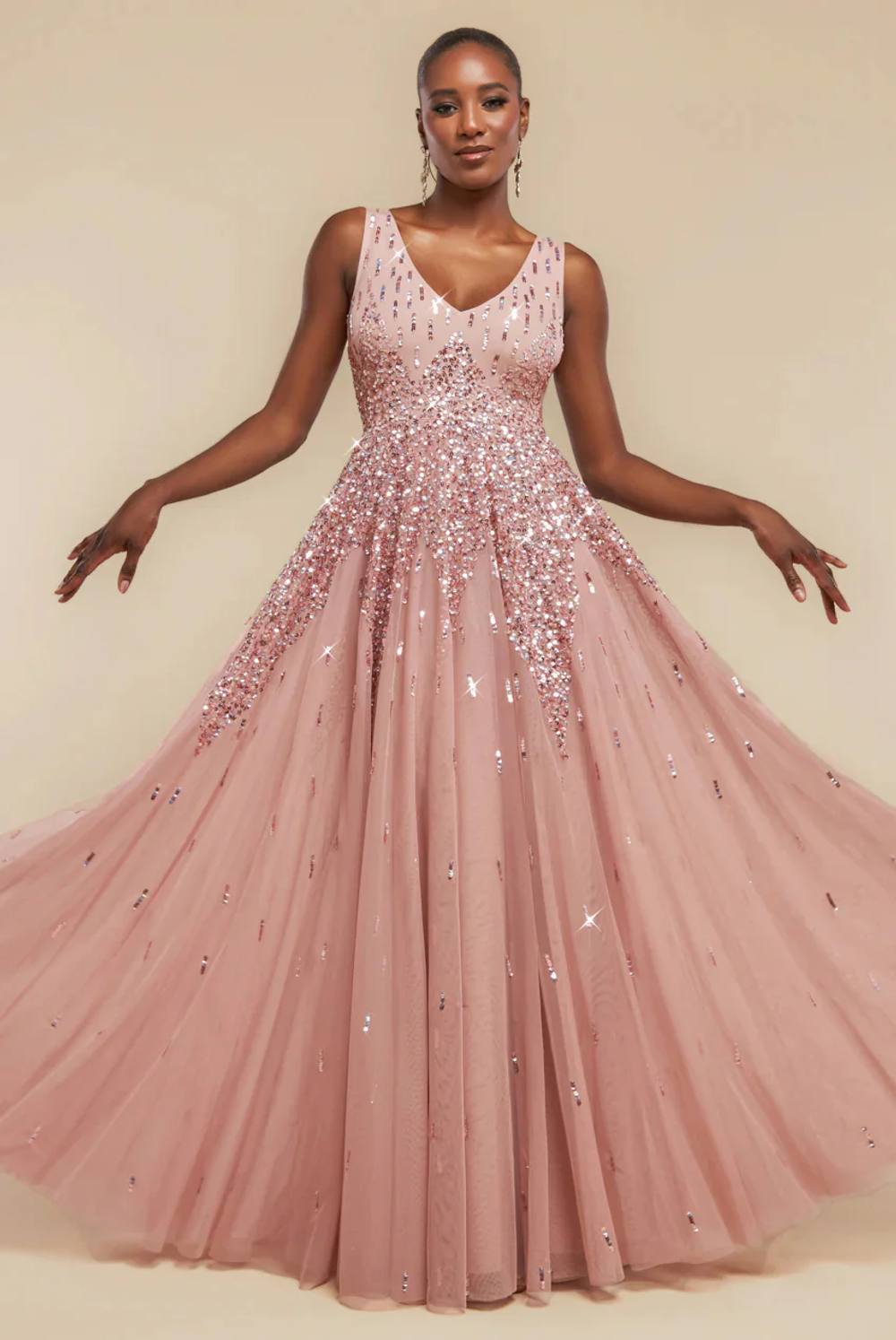 Goddiva Sunray Sequin A Line Sleeveless Maxi Dress In Light Pink