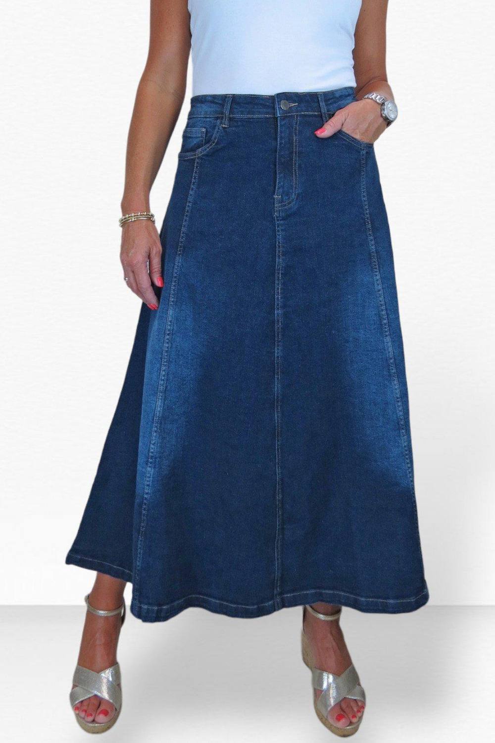 Paulo Due Flared Denim Maxi Skirt In Dark Indigo
