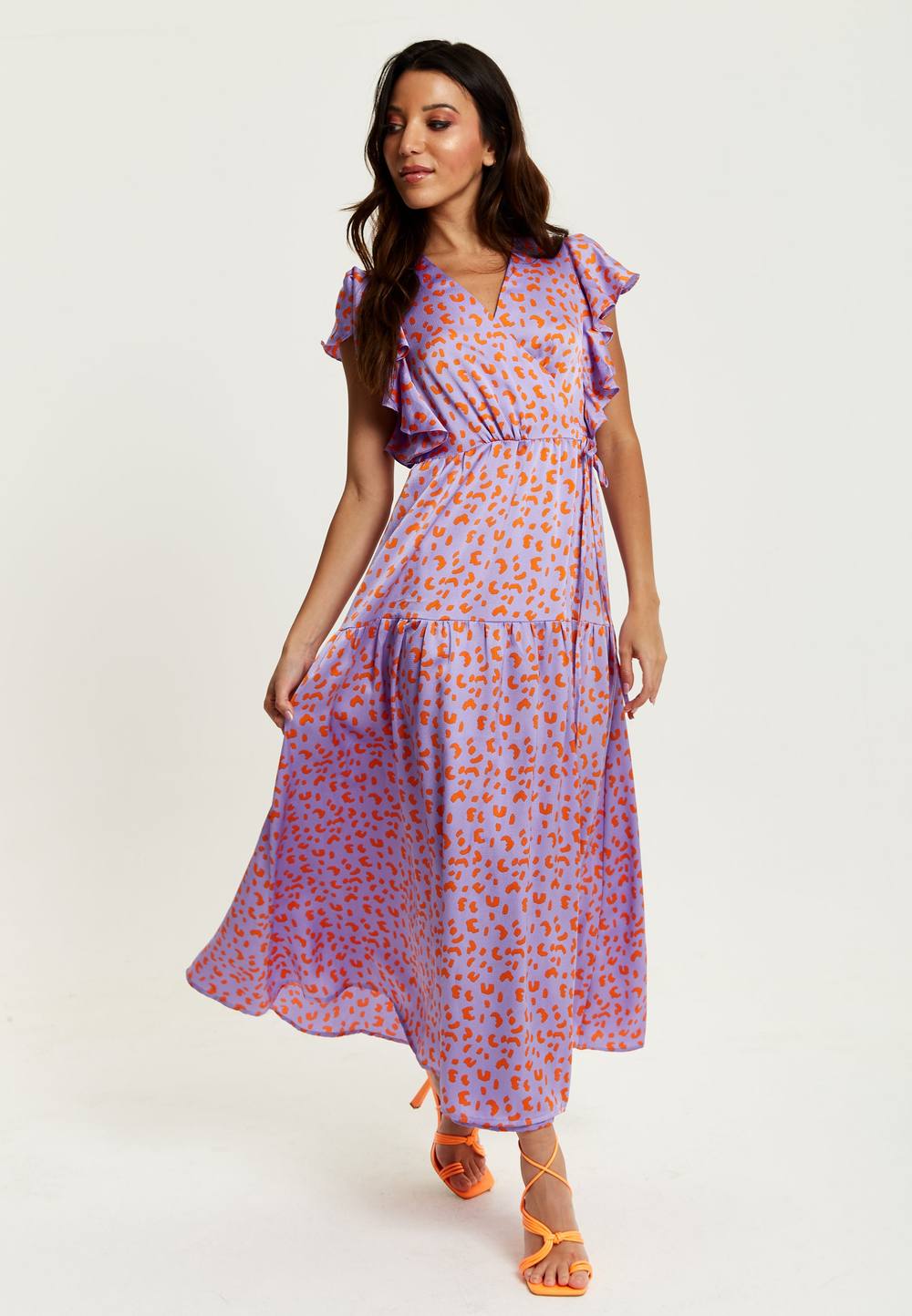 Liquorish Cheetah Print Maxi Wrap Dress In Lilac And Orange In Purple