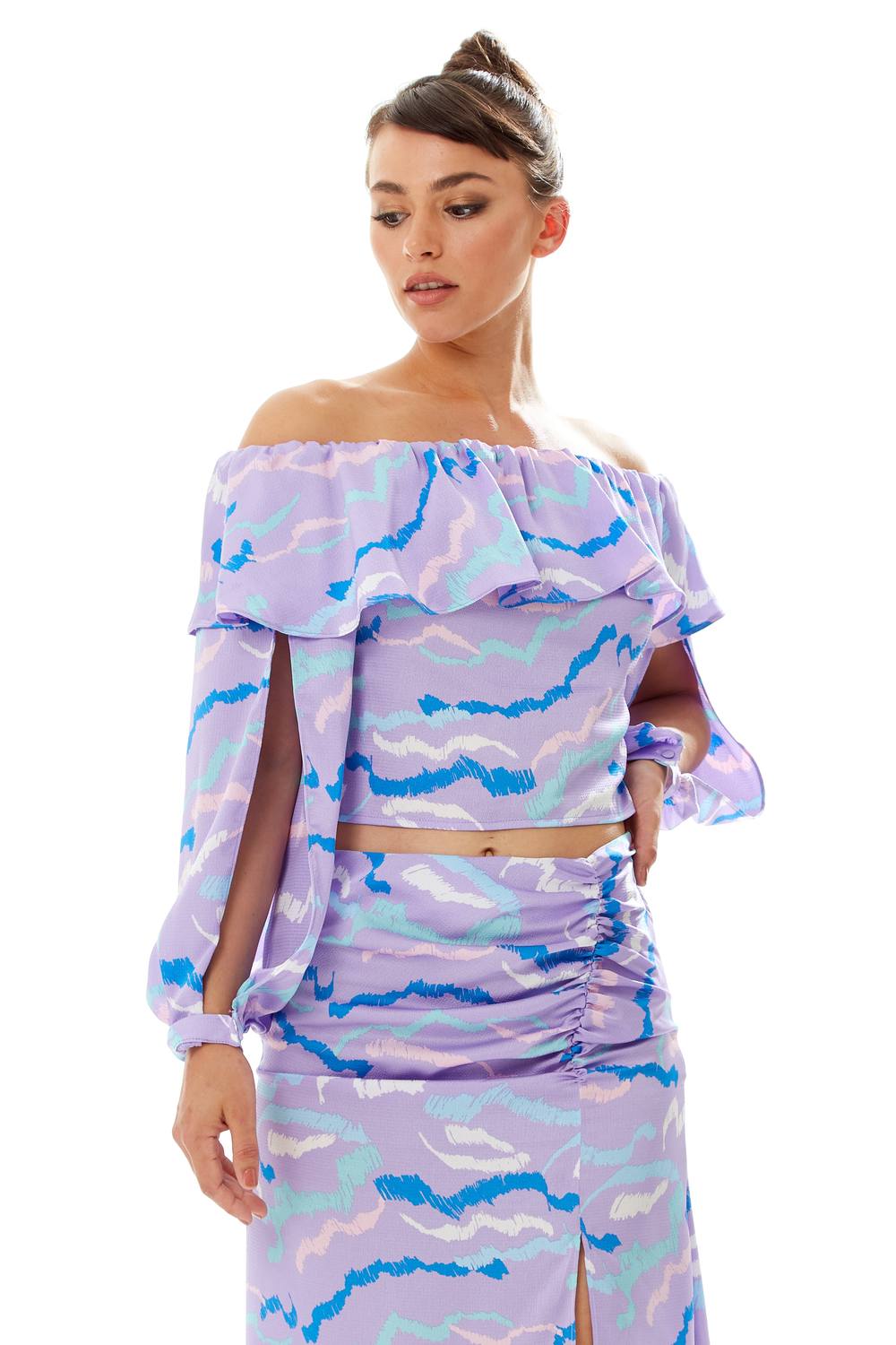 Liquorish Ruffle Long Sleeve Off The Shoulder Top With Sleeve Slits In Lilac In Purple