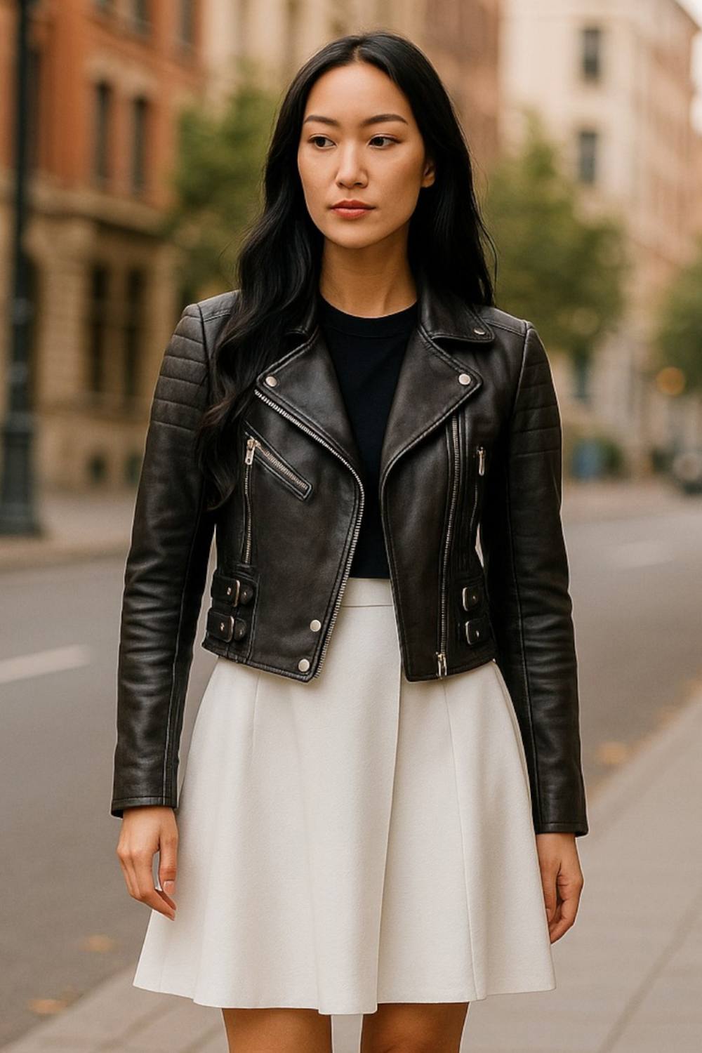 Infinity Leather Cropped Brando Leather Biker Jacket-Durban In Black