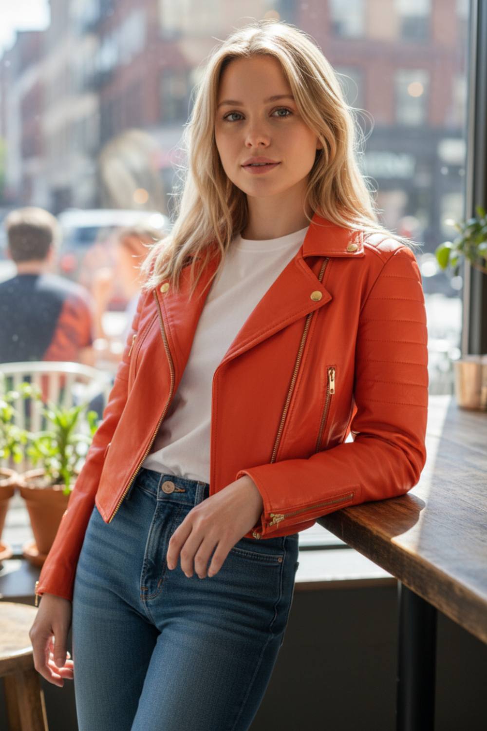 Infinity Leather Cropped Brando Leather Biker Jacket-Durban In Orange