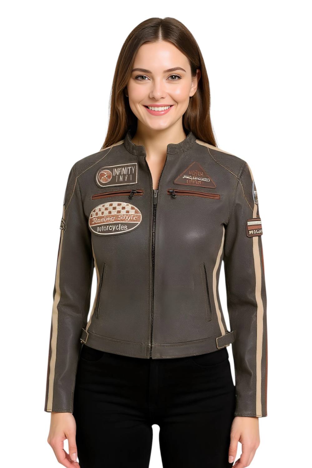 Infinity Leather Leather Biker Racing Badges Jacket-Dalby In Light Tan
