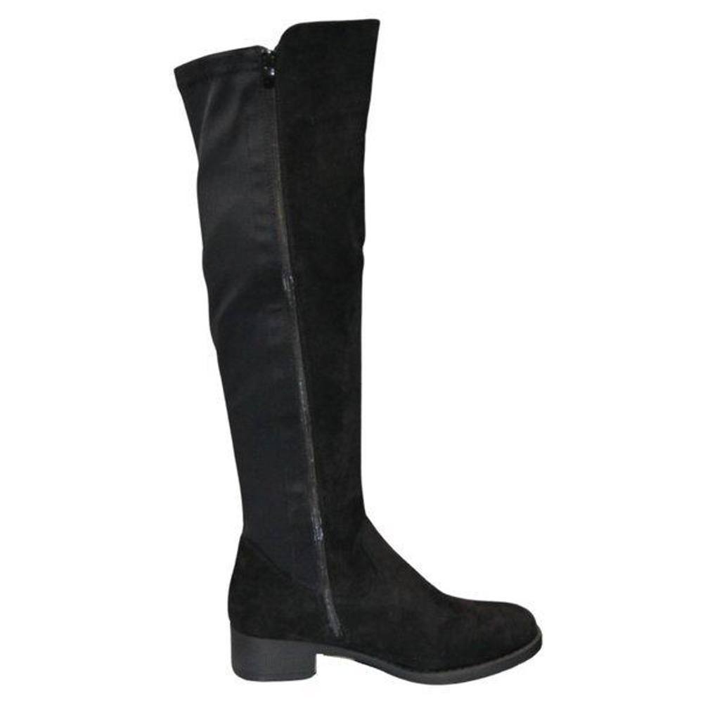 Ivachy Elastic Band Zip Closure Faux Suede Flat High Knee Boots In Black