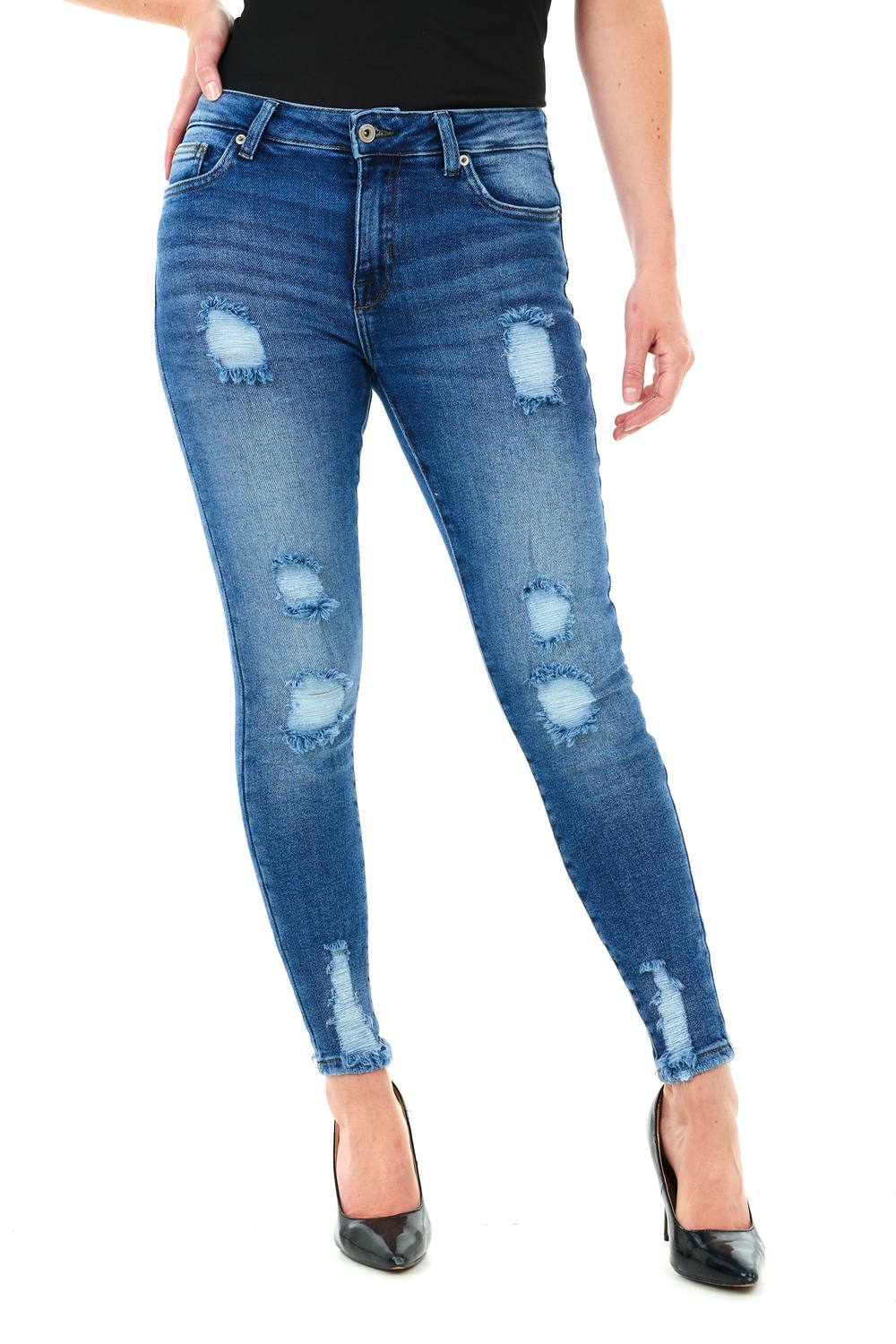 Smart Living Classic Cotton Stretch Skinny Mid Rise Ripped Jeans In Dark Blue