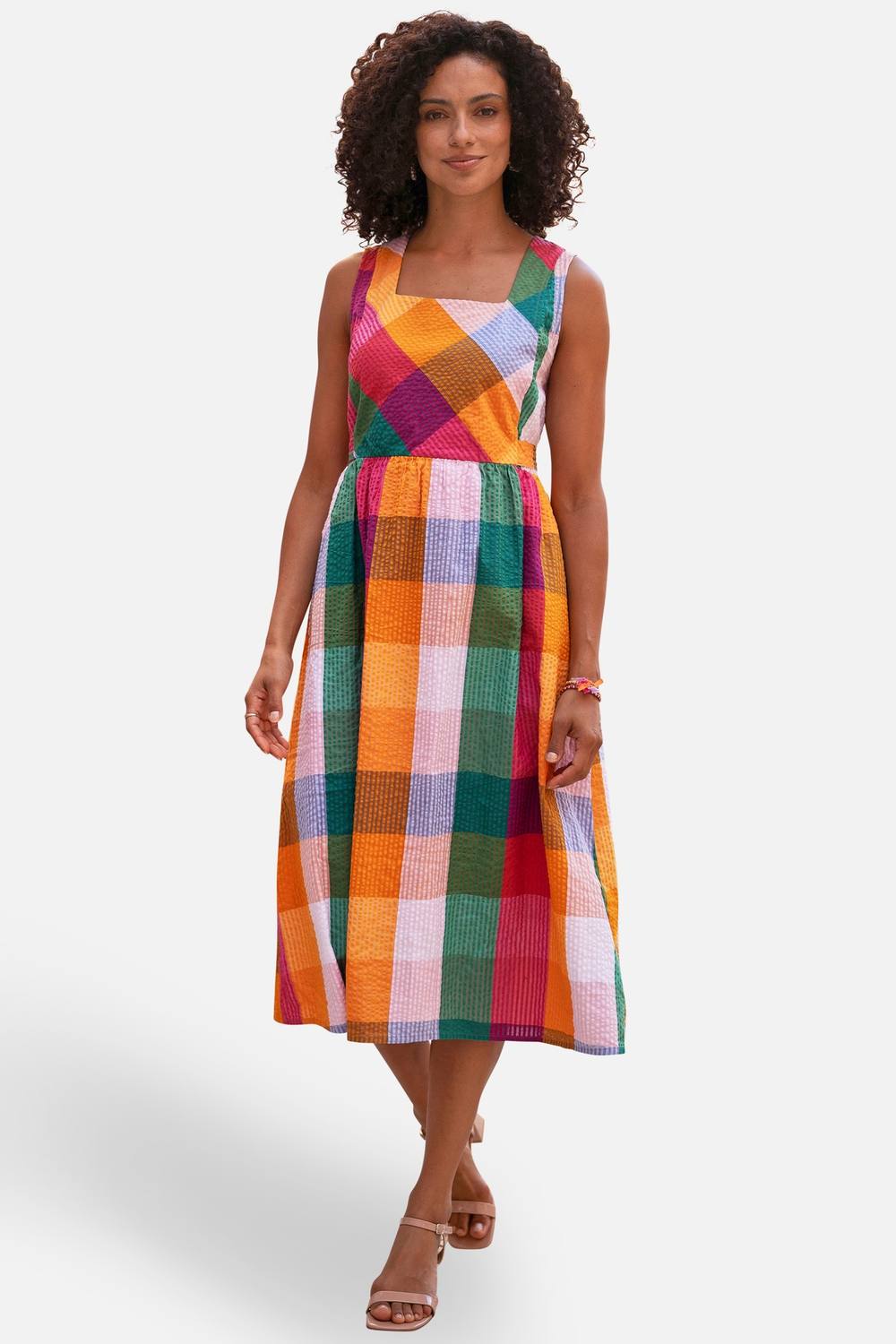Yumi Multicolour Seersucker Cotton Midi Sun Dress In Tangerine