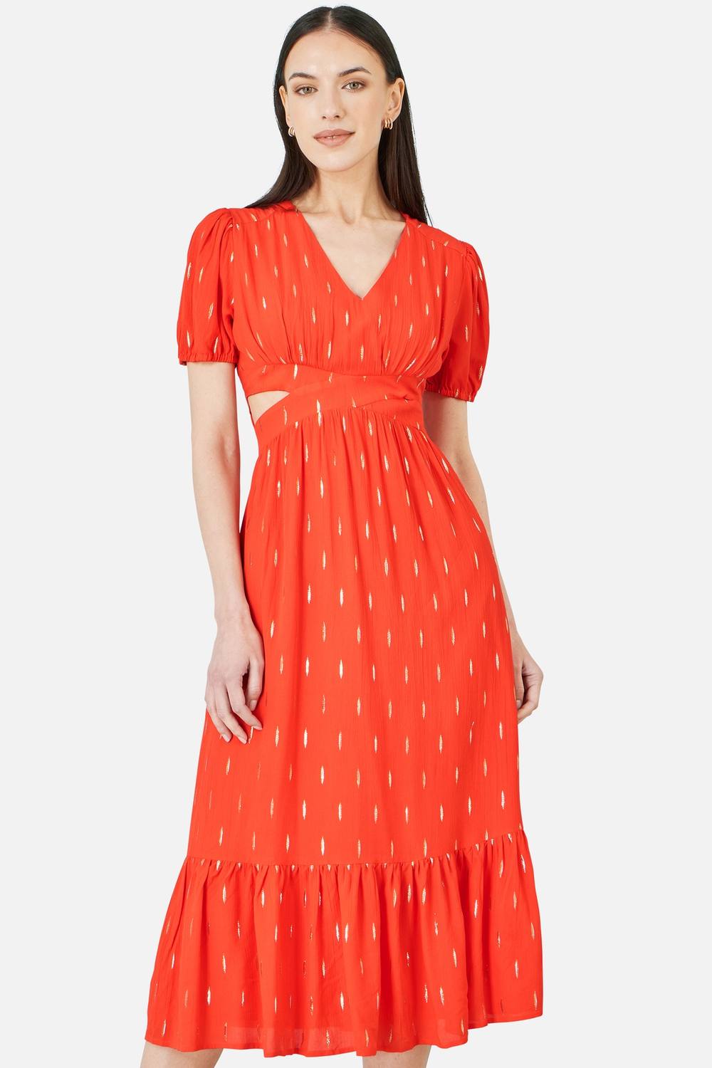 Yumi Orange Foil Print Viscose Cut Out Midi Dress In Tangerine