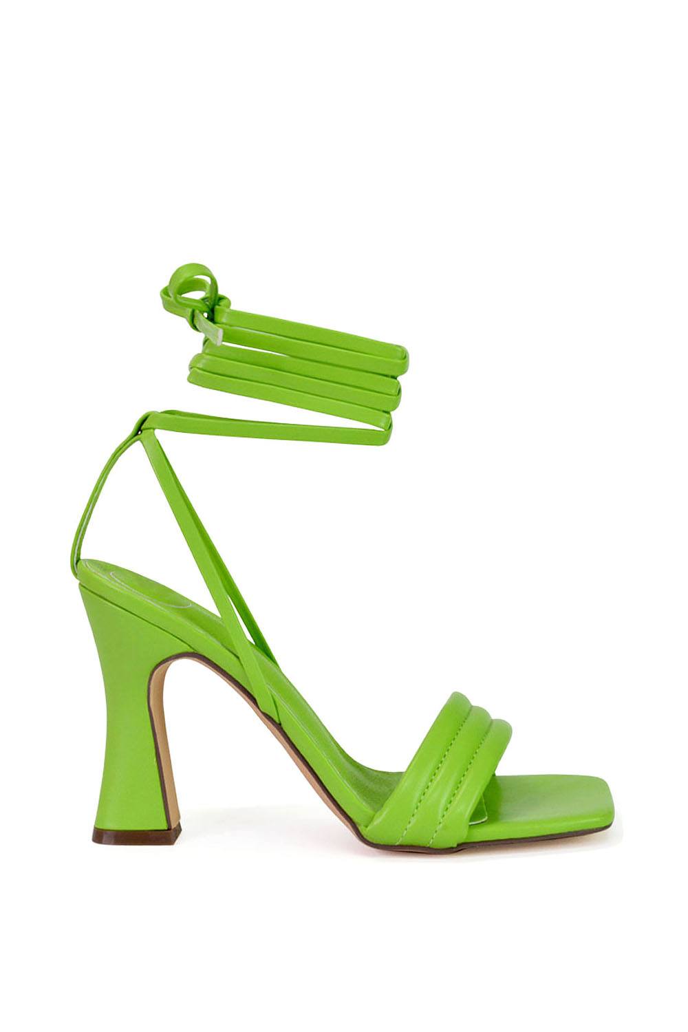 Xy London 'zeta' Lace Up Strappy Mid Block High Heel Sandals With A Square Toe In Green