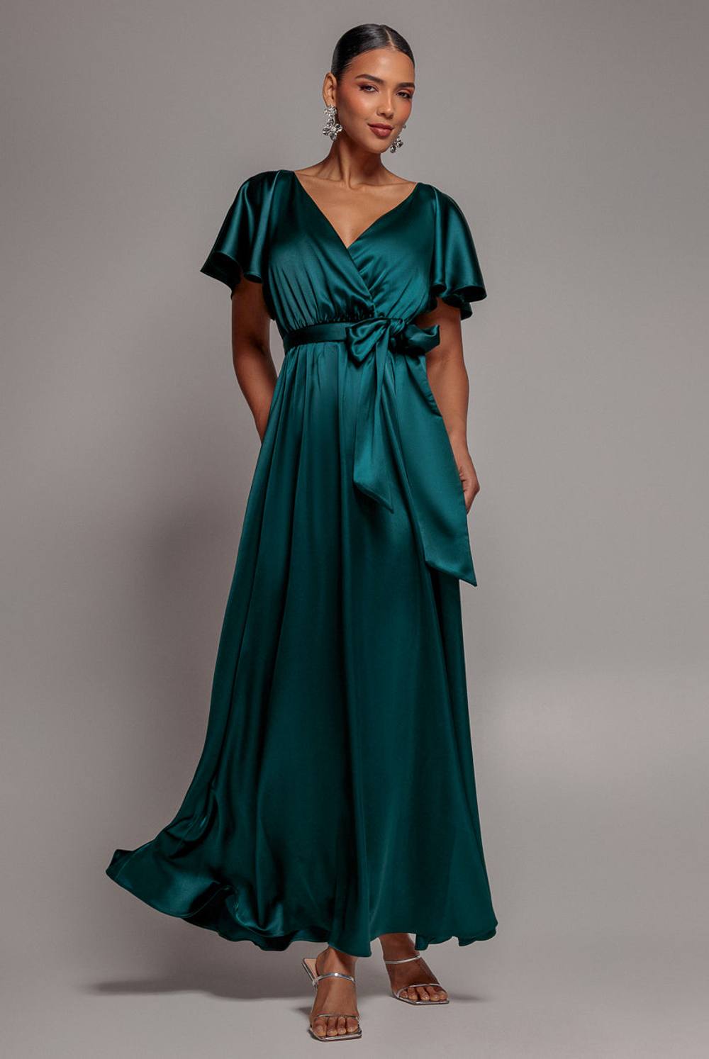 Goddiva Satin Flutter Sleeve Wrap Maxi Dress In Green