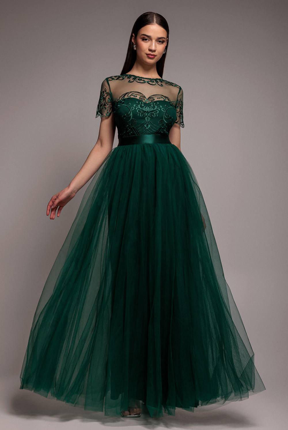 Goddiva Embroidered Mesh Maxi Dress In Green