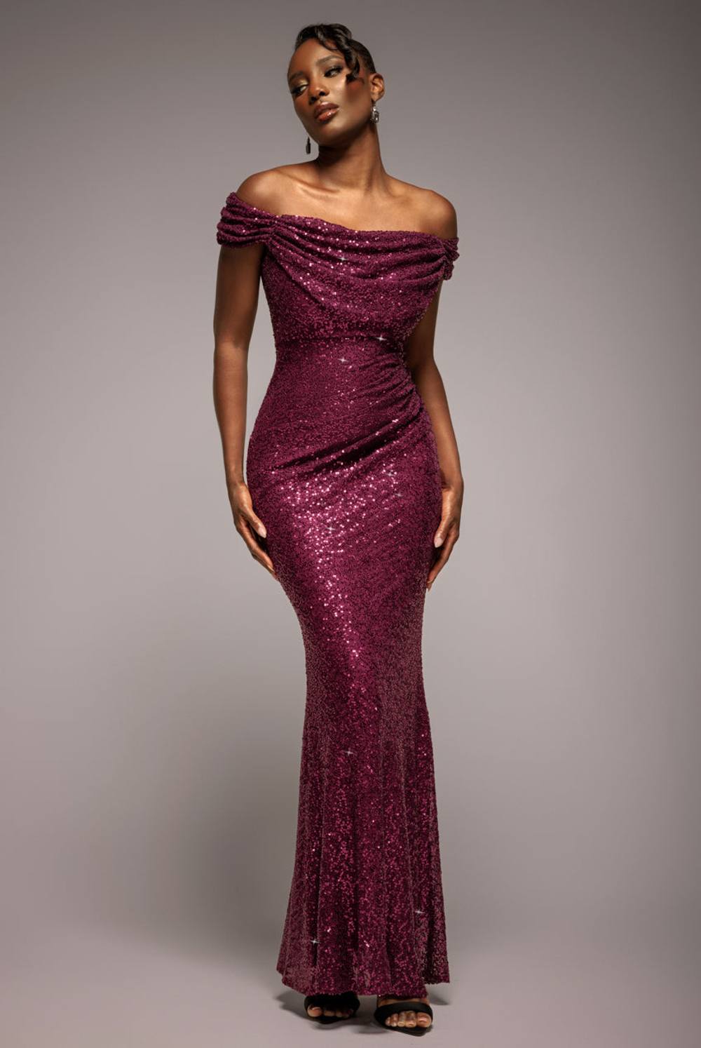 Goddiva Cap Sleeve Iridescent Sequin Cowl Maxi Dress In Burgundy