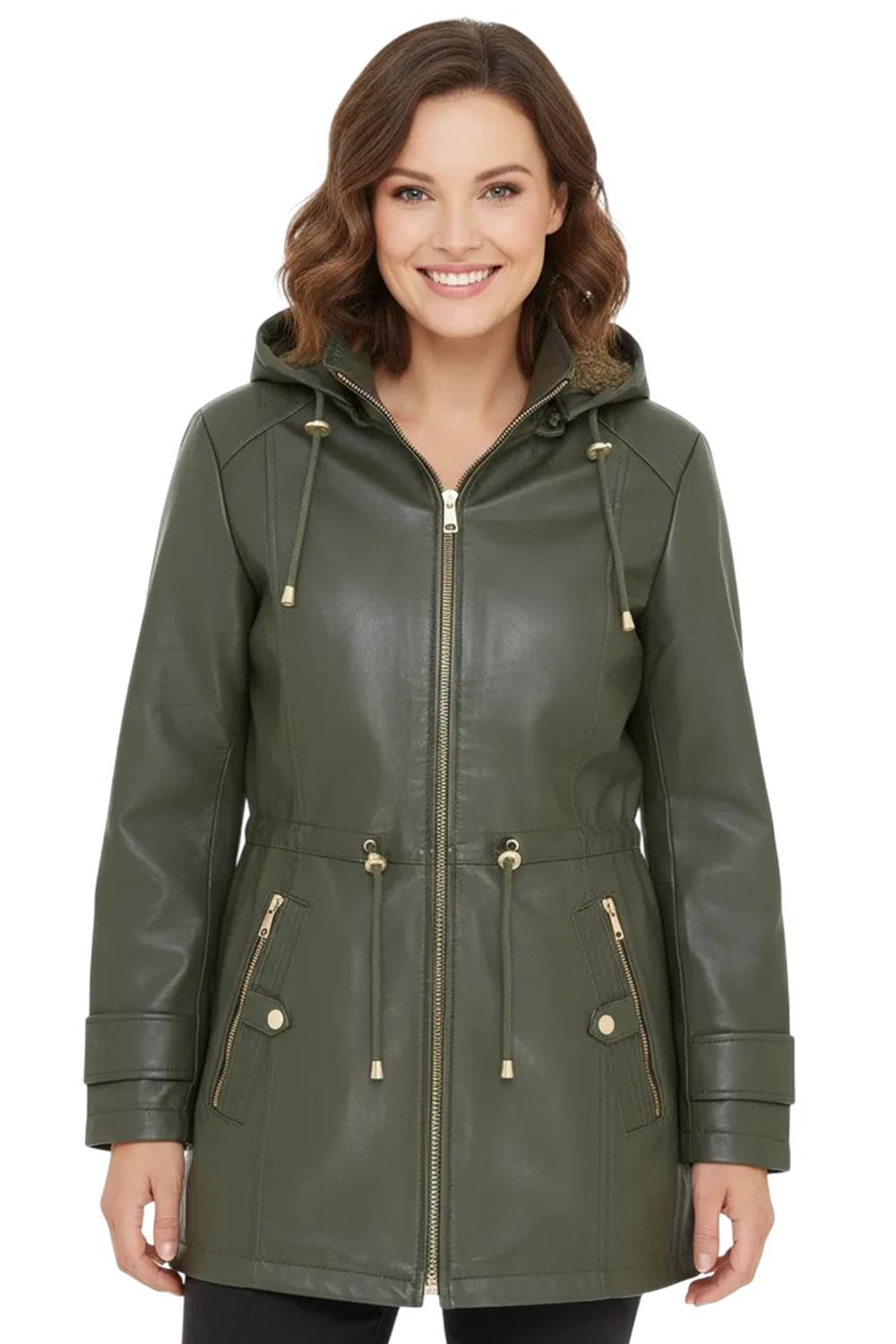 Infinity Leather Leather Parka Removable Borg Hooded Trench Coat - Emilia In Green